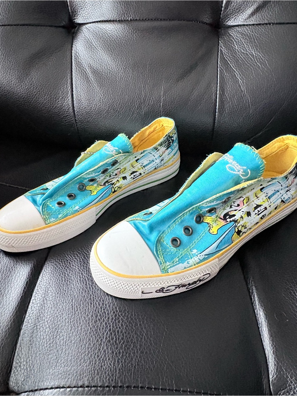 Ed Hardy Teal and Yellow Graphic Slip-On Athletic Sneakers